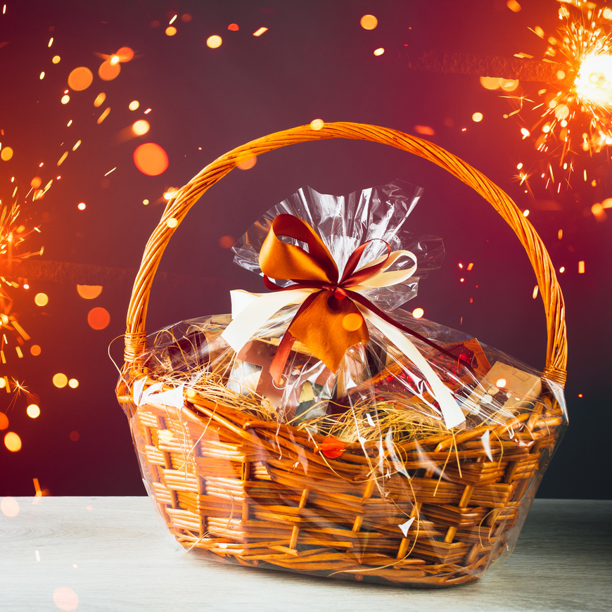 gift basket with festive sparklers particles